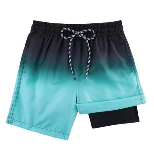 Dancinova Badeshorts Jungen Badehose Kinder Kompression Liner Schwimmhose Schnelltrocknend mit Liner Schwarz-grüner Farbverlauf 7Jahre von Dancinova