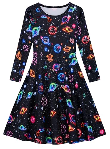 Dancinova Kleider für Mädchen A-Linie Kleid Neon Planet Schwarz Partykleid Herbst Winter Kleid Mädchenkleid 4-5 Jahre von Dancinova