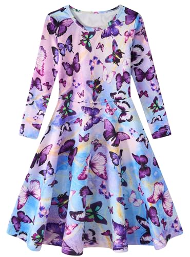 Dancinova Kleider für Mädchen Mädchenkleid Schmetterling Bunte Kleid Kinderkleid Langarm 6-7 Jahre, M von Dancinova