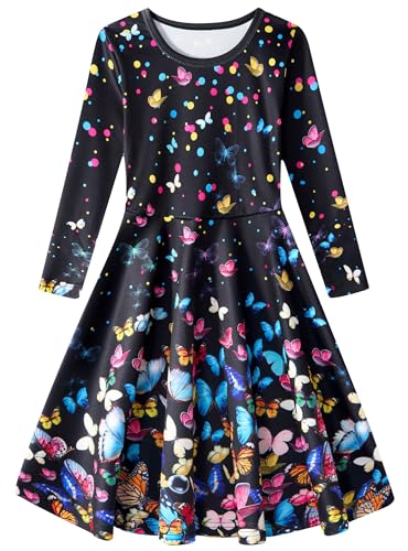 Dancinova Kleider für Mädchen Mädchenkleid Schmetterling Bunte Kleid Kinderkleid Langarm 6-7 Jahre, M von Dancinova