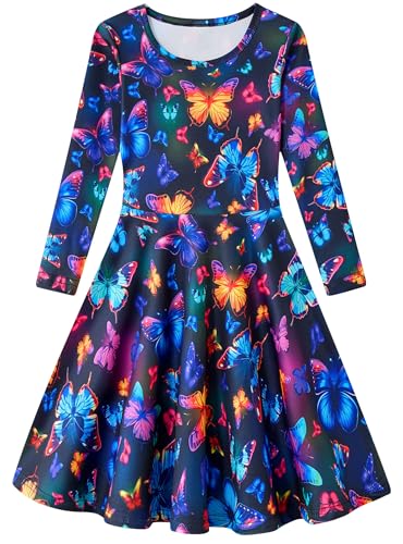 Dancinova Kleider für Mädchen Mädchenkleid Schmetterling Bunte Kleid Kinderkleid Langarm 6-7 Jahre, M von Dancinova