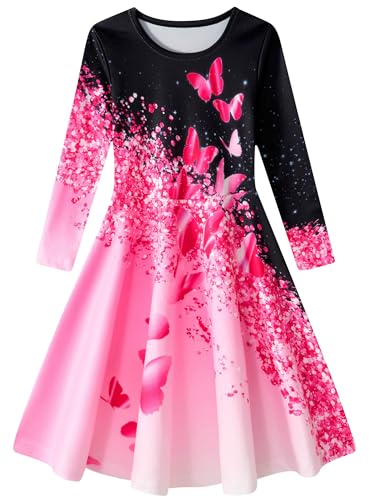 Dancinova Kleider für Mädchen Rosa Schmetterling Bedrucktes Kleid A-Linie Kleider Mädchenkleid Alter 10-12 Jahre von Dancinova