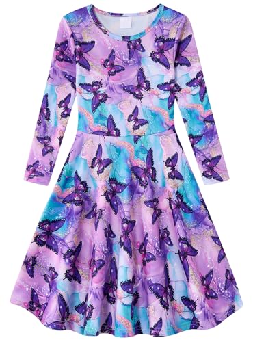Dancinova Mädchenkleid A-Linie Kleid Lila Schmetterling Kleider Lässig Rundhals Kinderkleid Partykleid 8-9 Jahre von Dancinova