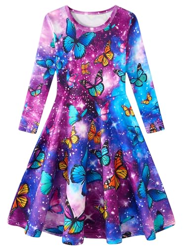 Dancinova Mädchenkleid Galaxis Schmetterling Bedrucktes Kleid Lässig Rundhals Kleider Langarm Partykleid 8-9 Jahre von Dancinova