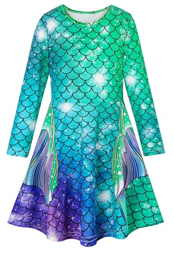 Dancinova Mädchenkleid Kleider für Mädchen Meerjungfrau Bunte Langarm Herbstkleid Kinder Kleider 4-5 Jahre, S von Dancinova
