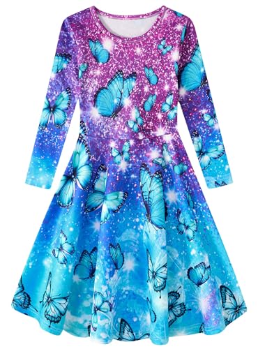 Dancinova Mädchenkleid Langarm A-Linie Kleid Galaxis Schmetterling Kleider Alltagskleidung Kleider für Mädchen 10-12 Jahre von Dancinova