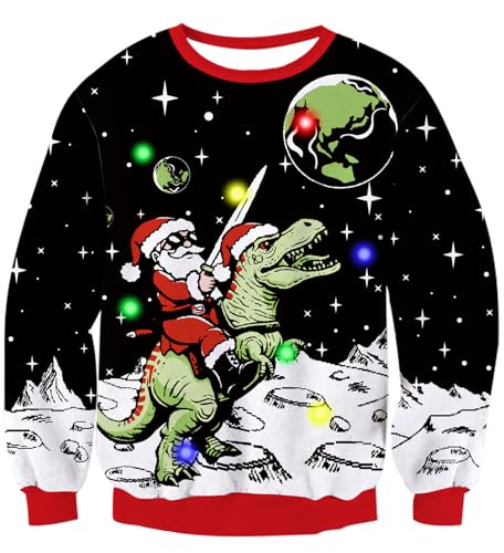 Dancinova Weihnachtspullover Damen LED Licht Herren Weihnachtspulli Dinosaurier Familie Xmas Jumper Sweater Pulli Strickpullover für Weihnachtsparty XL von Dancinova