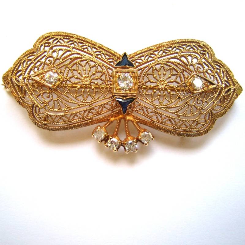 Edwardian 14K Filigrane Gelbgold, Diamant Und Sapphire Brosche/Pin von DandLVintage