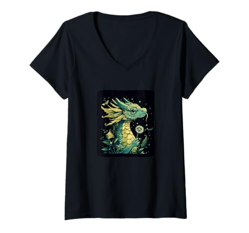 Damen Mystischer Drache und Löwenzahn für ein verträumtes Gefühl T-Shirt mit V-Ausschnitt Damen Mystischer Drache und Löwenzahn für ein verträumtes Gefühl T-Shirt mit V-Ausschnitt von Dandelion Dragon