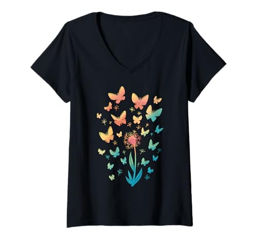 Damen Pusteblume Bunte Schmetterlinge T-Shirt mit V-Ausschnitt Damen Pusteblume Bunte Schmetterlinge T-Shirt mit V-Ausschnitt von Dandelion Flower colorful butterflies