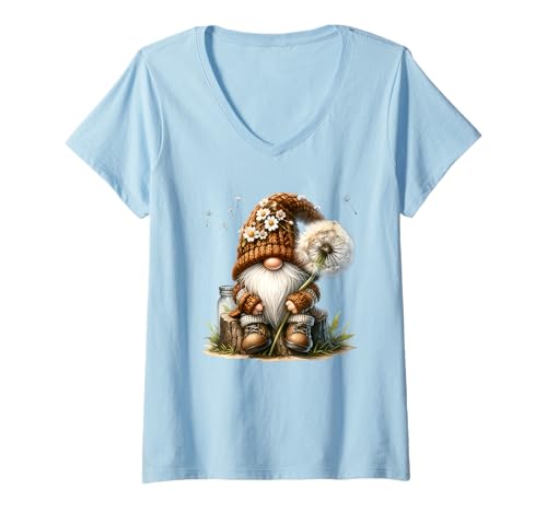 Damen Dandelion Spring GNOME Graphic for Women with Daisy Flowers T-Shirt mit V-Ausschnitt von Dandelion Flowers Spring Gnome Gifts For Women