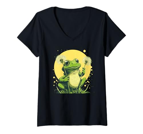 Damen Springen Sie vor Freude mit diesem Frosch mit Löwenzahn-Design T-Shirt mit V-Ausschnitt Damen Springen Sie vor Freude mit diesem Frosch mit Löwenzahn-Design T-Shirt mit V-Ausschnitt von Dandelion Frog