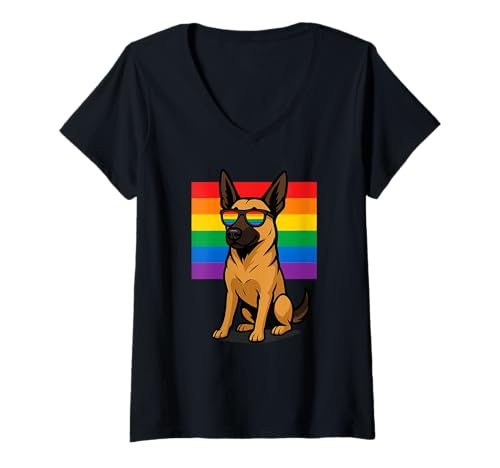 Damen Belgischer Malinois Hund, Gay Pride T-Shirt mit V-Ausschnitt von Danea's Gifts for Belgian Malinois Owners
