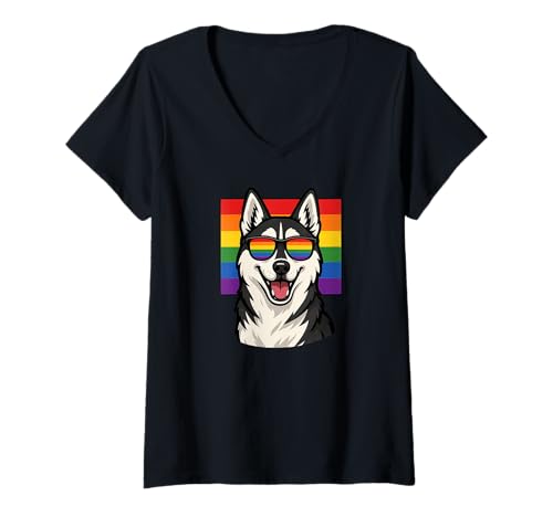Damen Sibirischer Husky Hund, Gay Pride, Queer, LGBTQ+, T-Shirt mit V-Ausschnitt von Danea's Gifts for Belgian Malinois Owners