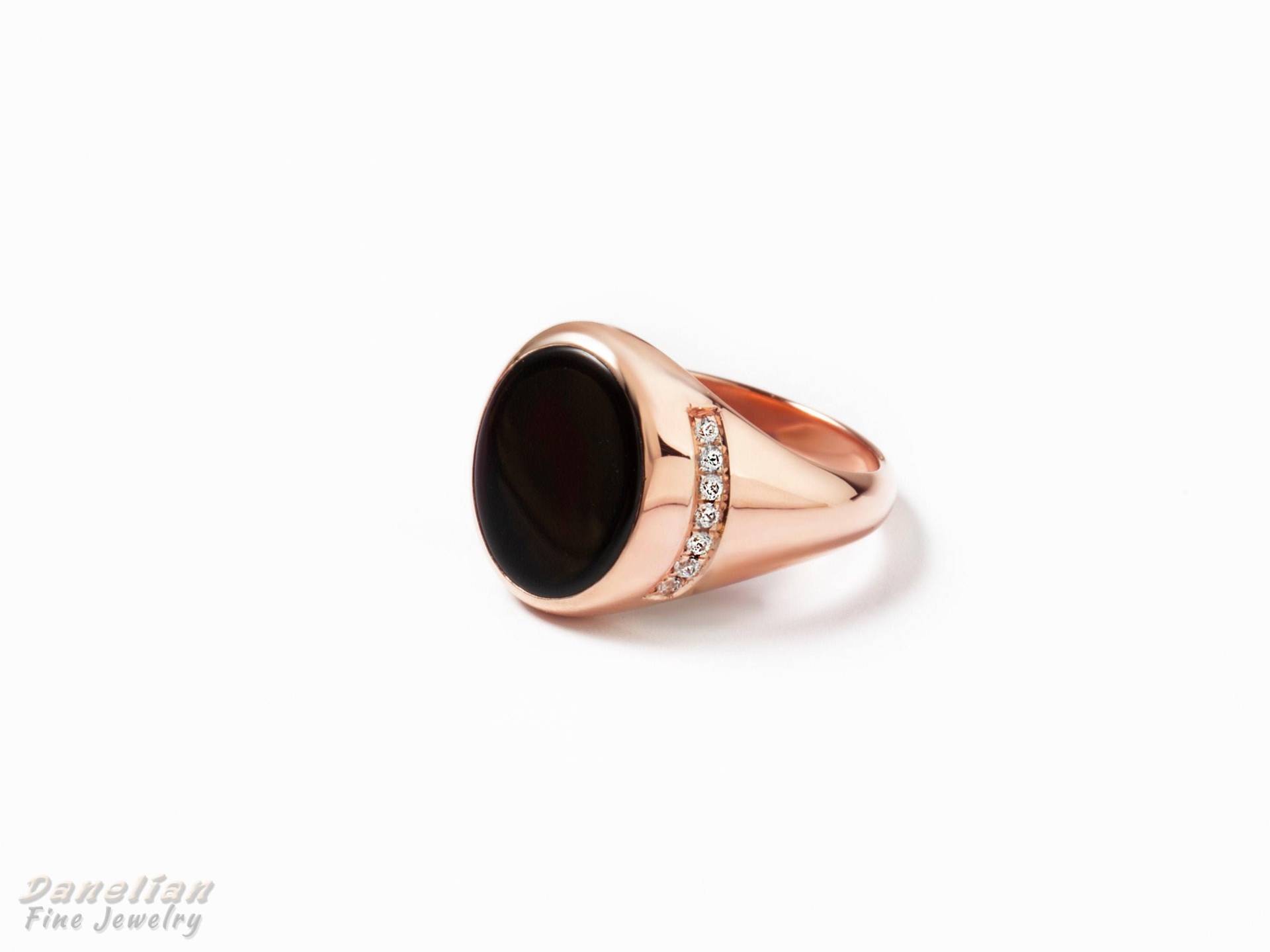 14K Gold Pinky Ring, Diamant Siegelring, Solid Onyx Rosegold Ring von DanelianJewelry