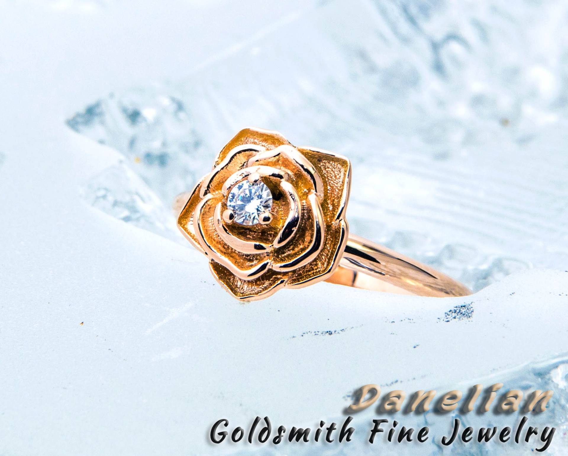 Gold Blume Ring, Solid Ring 14K, Diamant Rose Versprechen Verlobungsring, Frau Geschenk von DanelianJewelry