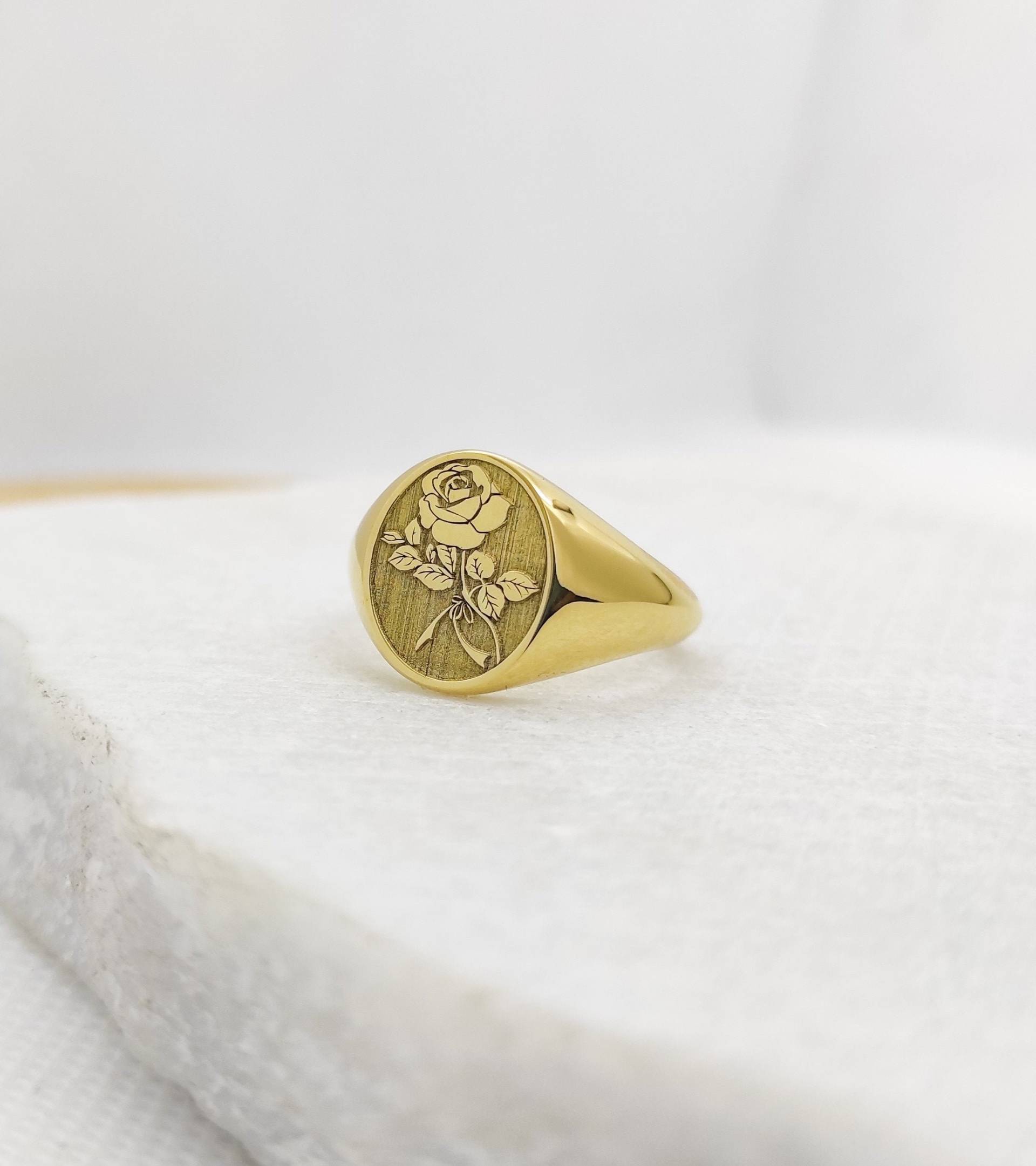 Gold Rose Ring, Solid Gravierte Blume Siegelring, Personalisierte Frauen Goldring, Ring von DanelianJewelry