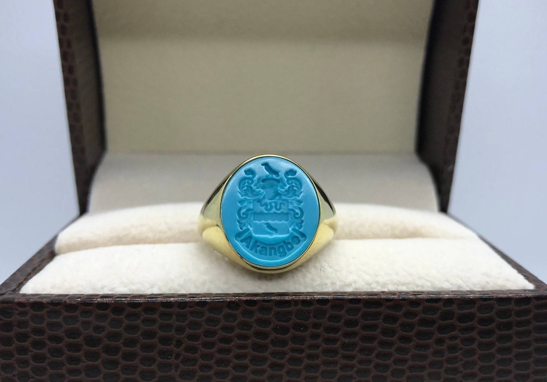 Türkis Siegelring, Wappen Ring, Familienwappen Wachs Siegel Gold Edelstein Herrenring von DanelianJewelry