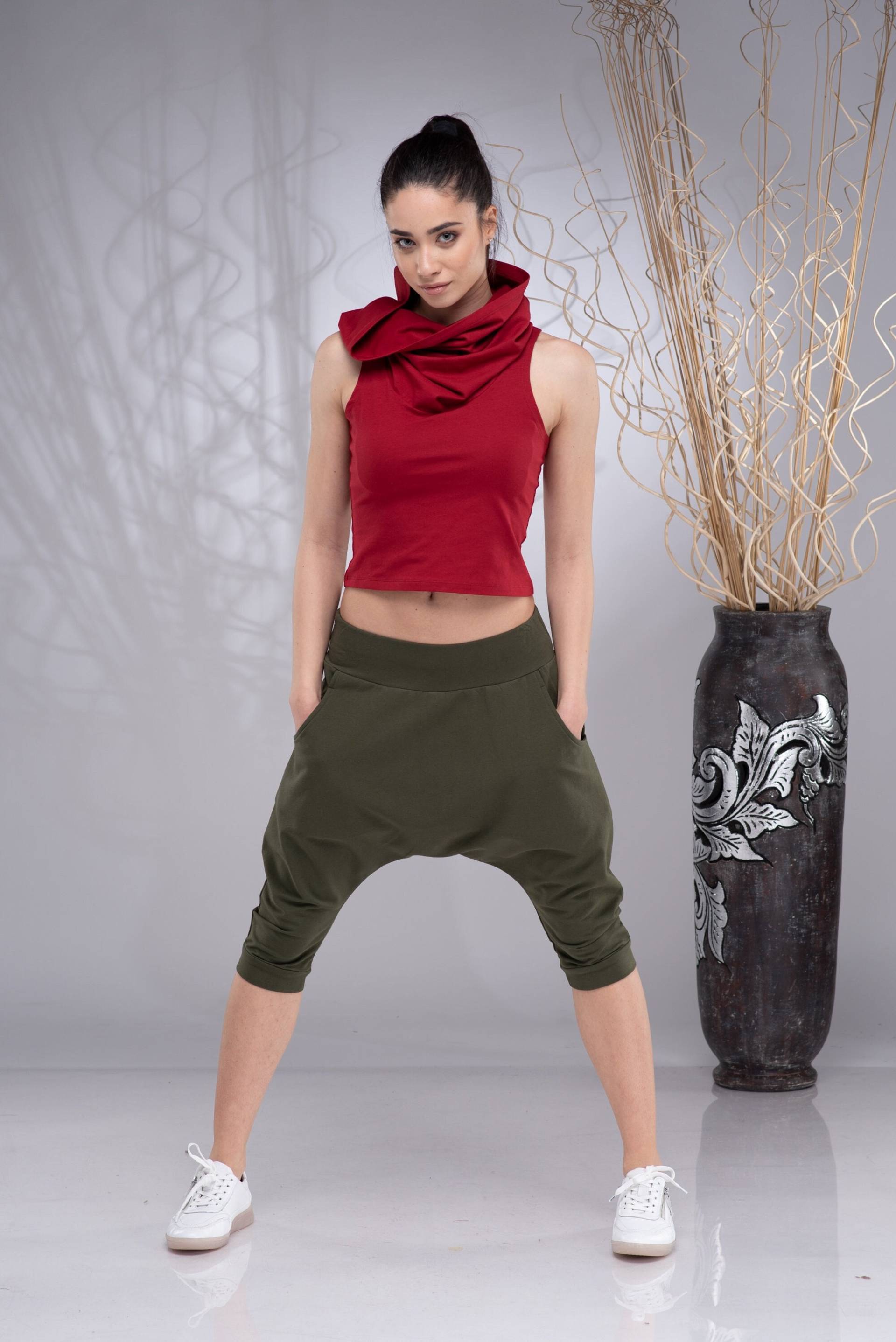 Kurze Haremshose Frauen, Shorts Mit Tiefem Schritt, Sommer Khaki Haremshose, Damen Baggyhose, Yogahose, Hose Schritt von Danellys