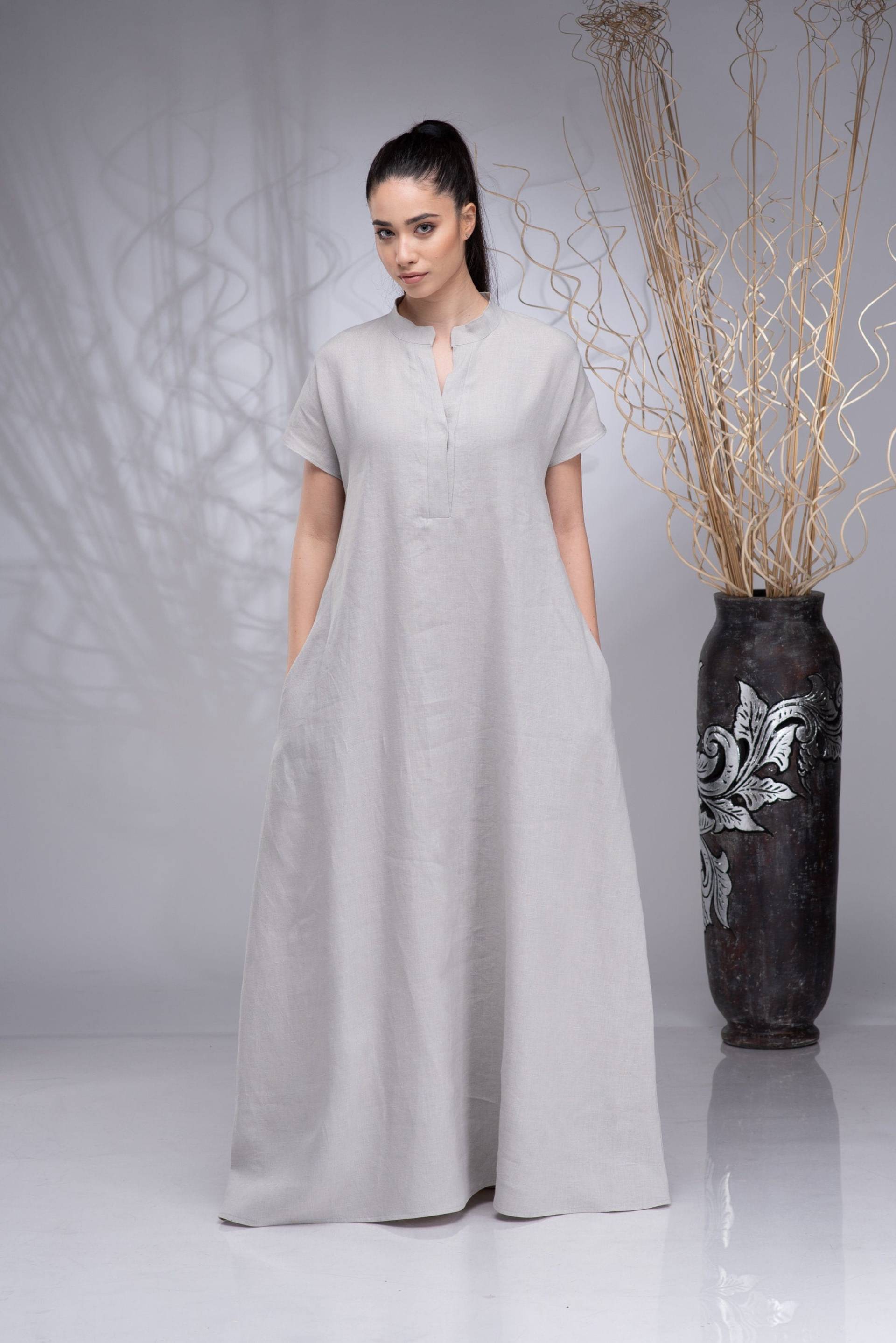 Leinen-Maxikleid, Leinen-Kaftan-Damen, Leinen-Abaya, Langes Leinenkleid Mit Taschen, Übergroßes Kleid von Danellys