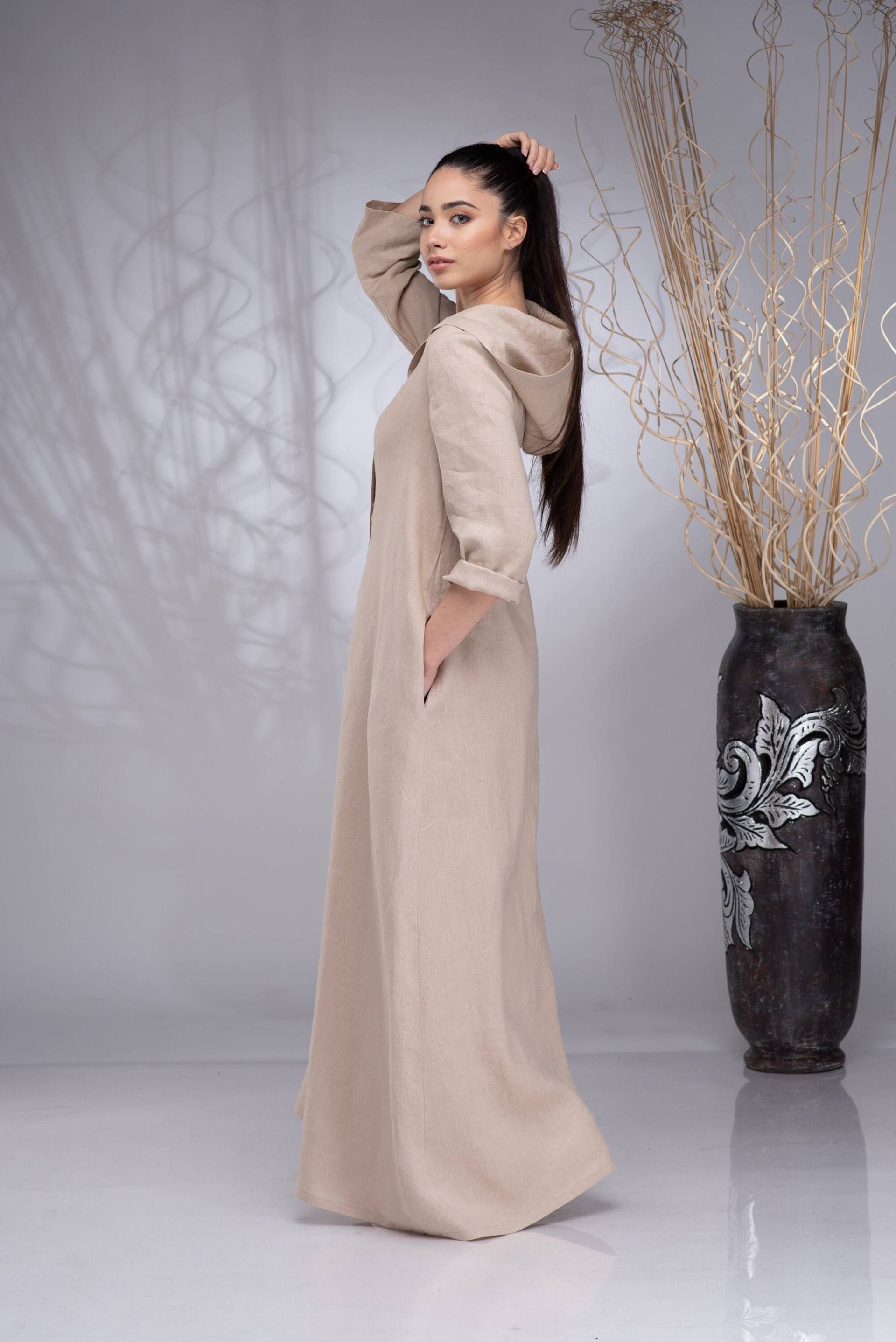 Leinen-Maxikleid Mit Kapuze, Leinen-Kaftan-Damen, Leinen-Abaya, Langes Leinenkleid Taschen, Leinen-Hoodie-Kleid von Danellys