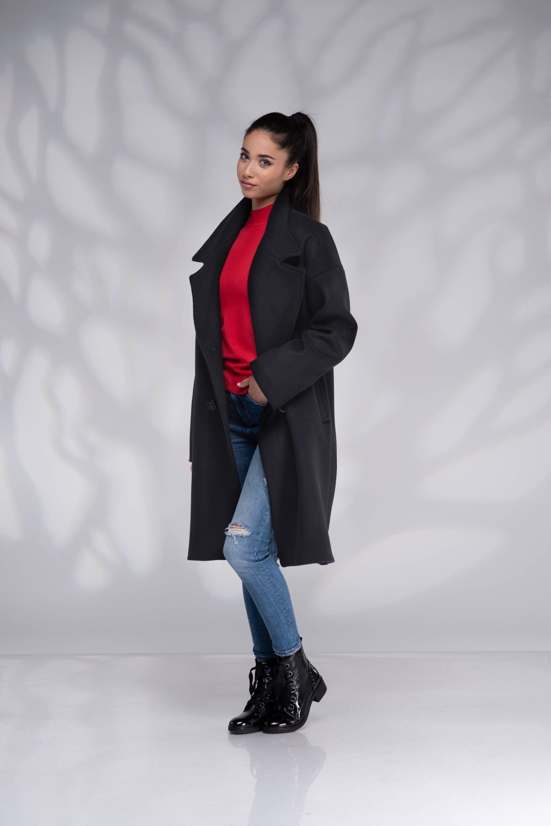 Oversized Wollmantel, Schwarzer Kurzmantel Plus Size, Knielanger Mantel, Wintermantel Frauen von Danellys