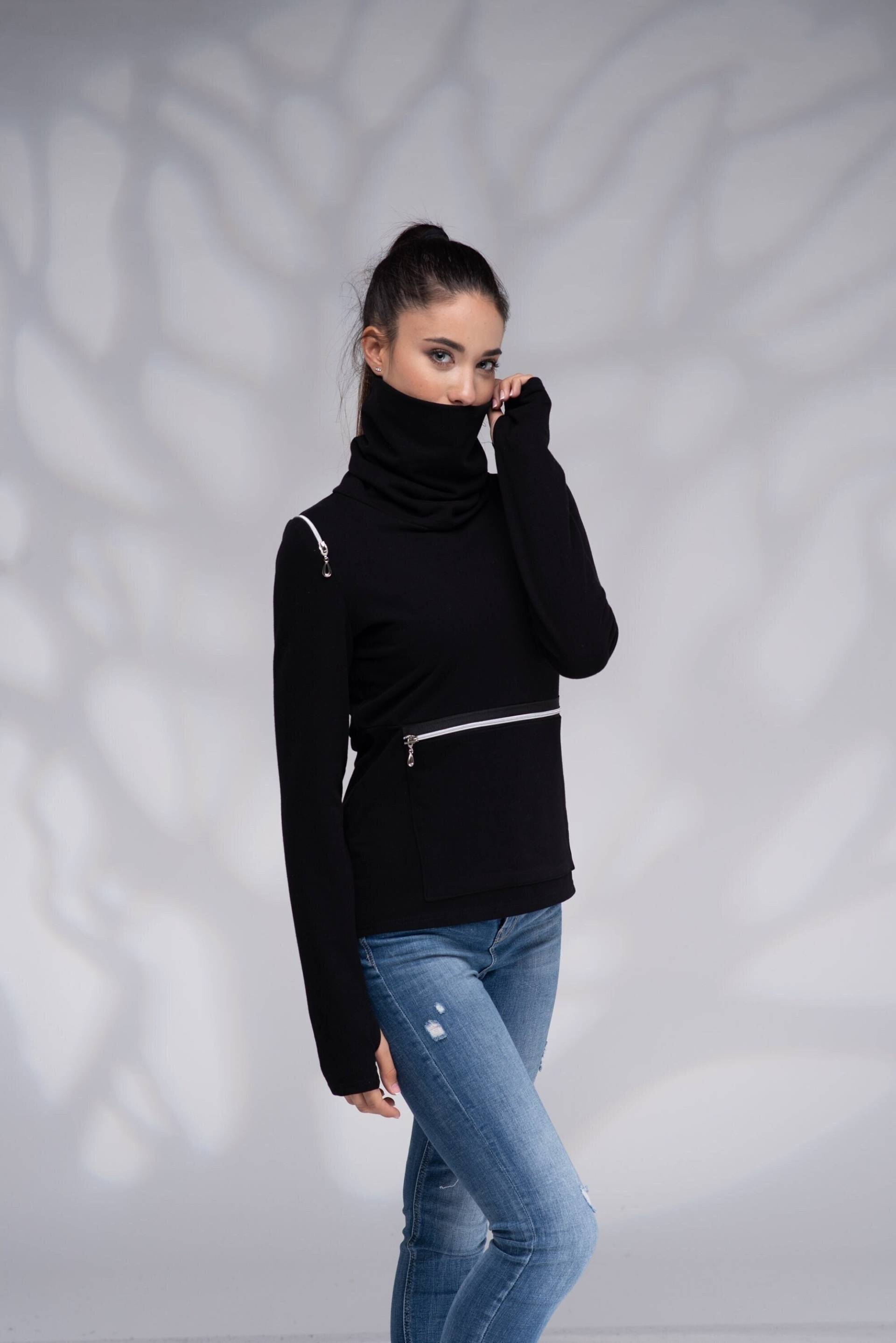 Rollkragen-Sweatshirt Für Frauen, Tailliertes Sweatshirt Reißverschluss, Stehkragen Top, Warmes Winter Top Mit Reißverschluss Auf Schulter von Danellys