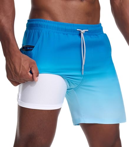 Danfiki Badehose Herren mit Meshfutter Kompression Liner 2 in 1 Kurz Schwimmhose Badeshorts Gradient Color von Danfiki