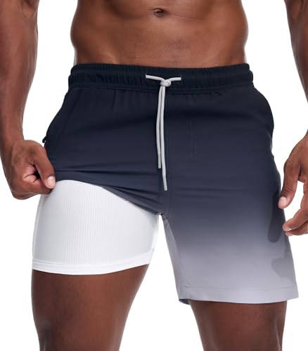 Danfiki Badehose Herren mit Meshfutter Kompression Liner 2 in 1 Kurz Schwimmhose Badeshorts Gradient Color von Danfiki