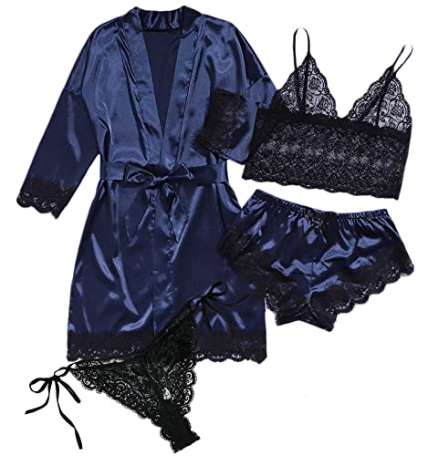 Danfiki Damen Nachtwäsche 4 teiliges Pyjama Set mit Blumenmuster Spitzenbesatz Satin Cami Pyjama-Set mit Robe von Danfiki