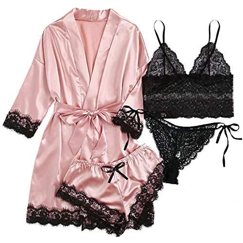 Danfiki Damen Nachtwäsche 4 teiliges Pyjama Set mit Blumenmuster Spitzenbesatz Satin Cami Pyjama-Set mit Robe von Danfiki