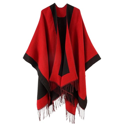 Danfiki Damen Poncho Strick Reversibel Cape Warme Schultertuch Gestrickter Schal Mantel für Frühling Herbst von Danfiki