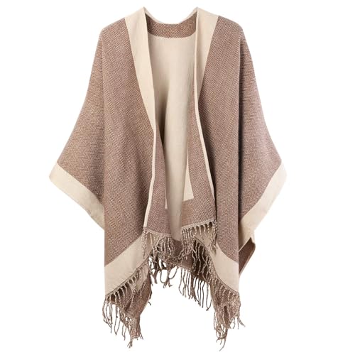 Danfiki Damen Poncho Strick Reversibel Cape Warme Schultertuch Gestrickter Schal Mantel für Frühling Herbst von Danfiki