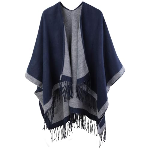 Danfiki Damen Poncho Strick Reversibel Cape Warme Schultertuch Gestrickter Schal Mantel für Frühling Herbst von Danfiki