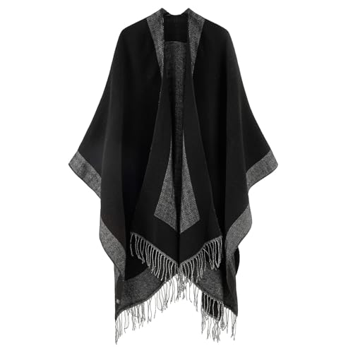Danfiki Damen Poncho Strick Reversibel Cape Warme Schultertuch Gestrickter Schal Mantel für Frühling Herbst von Danfiki