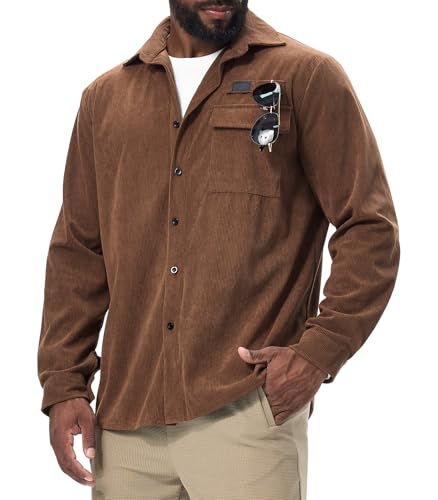 Danfiki Herren Hemd Cord Langarm Freizeithemd Jacke Button Up Mit Klappentasche von Danfiki