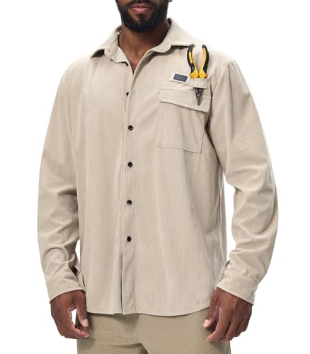 Danfiki Herren Hemd Cord Langarm Freizeithemd Jacke Button Up Mit Klappentasche von Danfiki