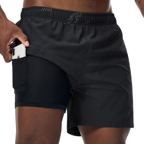 Danfiki Herren Sport Shorts 2 in 1 Kurze Running Sporthose Leichte Atmungsaktive Laufshorts Sommer Gym Athletic Fitness Trainingshose mit Tasch von Danfiki