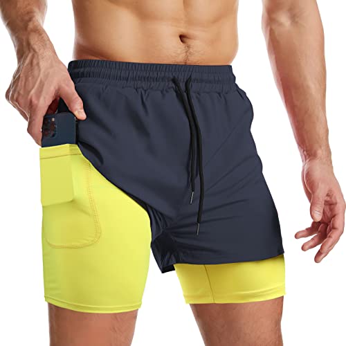 Danfiki Herren Sport Shorts Kurze Hose Schnell Trocknend Sporthose Leicht mit Reißverschlusstasche Laufshorts mit Taschen Hosen Fitness Laufhose,Marinegelb,M von Danfiki