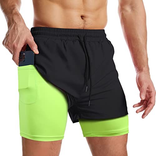 Danfiki Herren Sport Shorts Kurze Hose Schnell Trocknend Sporthose Leicht mit Reißverschlusstasche Laufshorts mit Taschen Hosen Fitness Laufhose,Schwarz Grün,XL von Danfiki