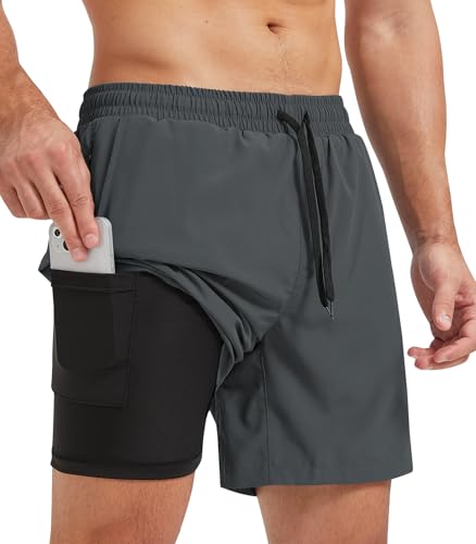 Danfiki Herren Sporthose Kurz Laufshorts Kurze 2 in 1 Running Shorts Mit Eingebaut Taschen von Danfiki
