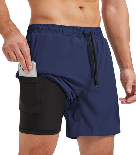 Danfiki Herren Sporthose Kurz Laufshorts Kurze 2 in 1 Running Shorts Mit Eingebaut Taschen von Danfiki