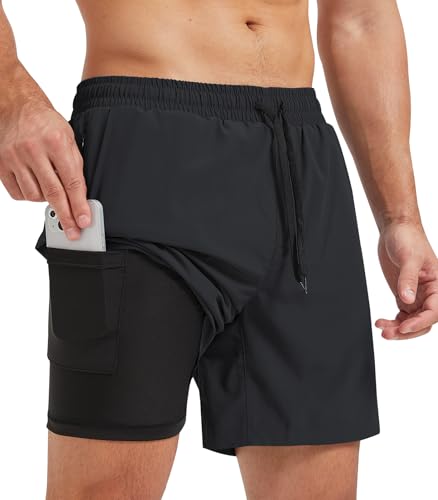 Danfiki Herren Sporthose Kurz Laufshorts Kurze 2 in 1 Running Shorts Mit Eingebaut Taschen von Danfiki