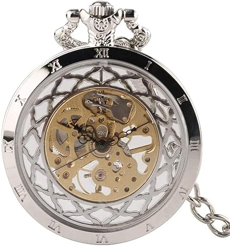 DangLeKJ Steampunk-Stil, Glas, transparent, Handaufzug, mechanische Taschenuhr mit Kette, Schwarz/Gold, hohles Design, Herrenuhren, Geschenke, Taschenuhr, Geschenke für Familie (Null Silber von DangLeKJ