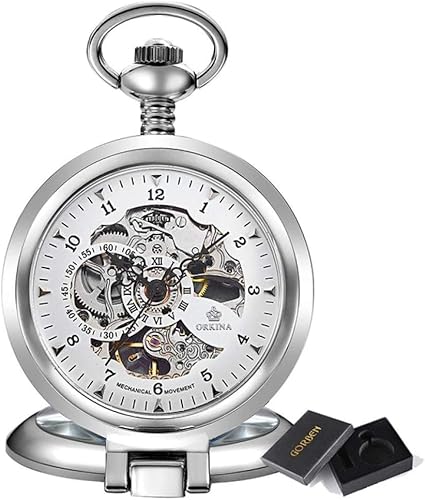 DangLeKJ Taschenuhr, Retro-Silber, mechanische Taschenuhren, antik, hohl, Steampunk, Handaufzug, mechanische Uhr, Flip-Halskette, Uhr mit Kette, Geschenk für Geburtstag, Weihnachte von DangLeKJ