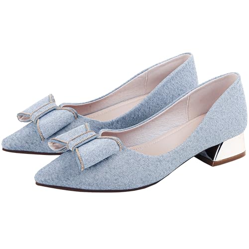 Damen-Arbeitspumps, niedriger Blockabsatz, spitzer Zehenbereich, geschlossener Zehenbereich, bequeme Schuhe für Damen, Blau/Glitzer, 39 EU von Danglianying