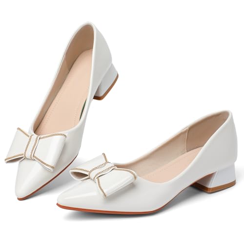 Damen-Pumps mit geschlossenem Zehenbereich, niedriger Blockabsatz, Arbeitspumps, bequemes Kleid, Hochzeitsschuhe für Party, Büro, 1 weiß/PU, 37.5 EU von Danglianying