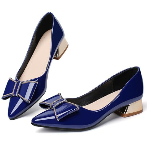 Damen-Pumps mit geschlossenem Zehenbereich, niedriger Blockabsatz, Arbeitspumps, bequemes Kleid, Hochzeitsschuhe für Party, Büro, Blau/PU, 36 EU von Danglianying
