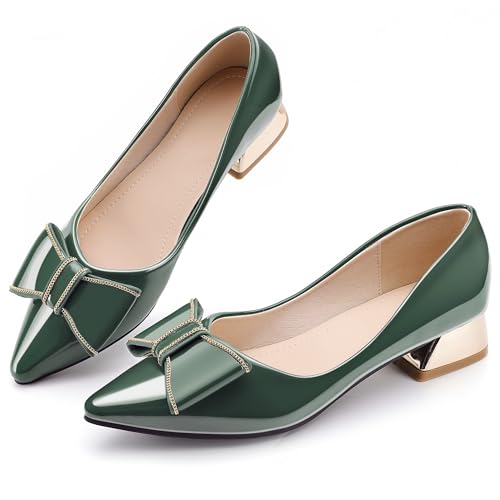 Damen-Pumps mit geschlossenem Zehenbereich, niedriger Blockabsatz, Arbeitspumps, bequemes Kleid, Hochzeitsschuhe für Party, Büro, Grün/PU, 42 EU von Danglianying