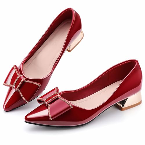 Damen-Pumps mit geschlossenem Zehenbereich, niedriger Blockabsatz, Arbeitspumps, bequemes Kleid, Hochzeitsschuhe für Party, Büro, Rot/PU, 4 von Danglianying